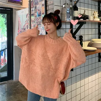 

2020 Autumn & Winter New Arrival Solid Color Round Neck Loose Long-sleeved Knit Sweater Women Student Sweater Free Shipping