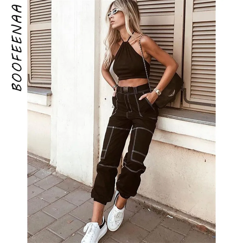 BOOFEENAA женские джоггеры с пряжкой и поясом высокая талия уличная одежда модные
