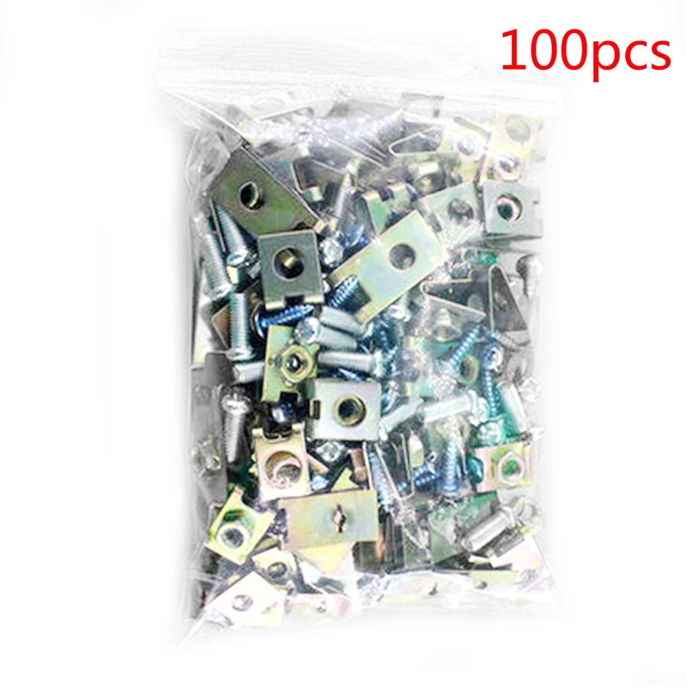  100pcs/Set Car Metal U Type Gasket Clips Auto Fasteners Car Body Door Panel Trim Fixed Screw U-Nuts