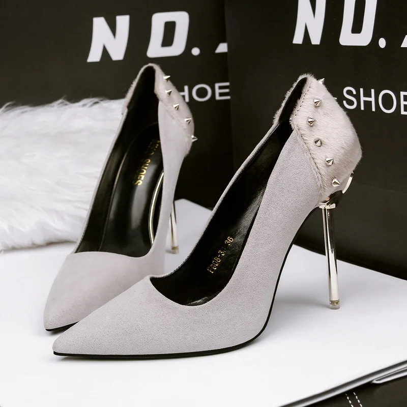 

2020 Newest Arrival Sexy Pointed Toe Office Shoes Rivet Women's Concise Solid Flock Shallow High Heels 10cm Shoes Women Fashion