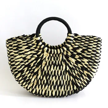 

Black White Paper Rope Woven Women's Handbag Rattan Straw Bags For Women 2020 Half Moon Summer Beach Ladies Hand Bags Women Bag