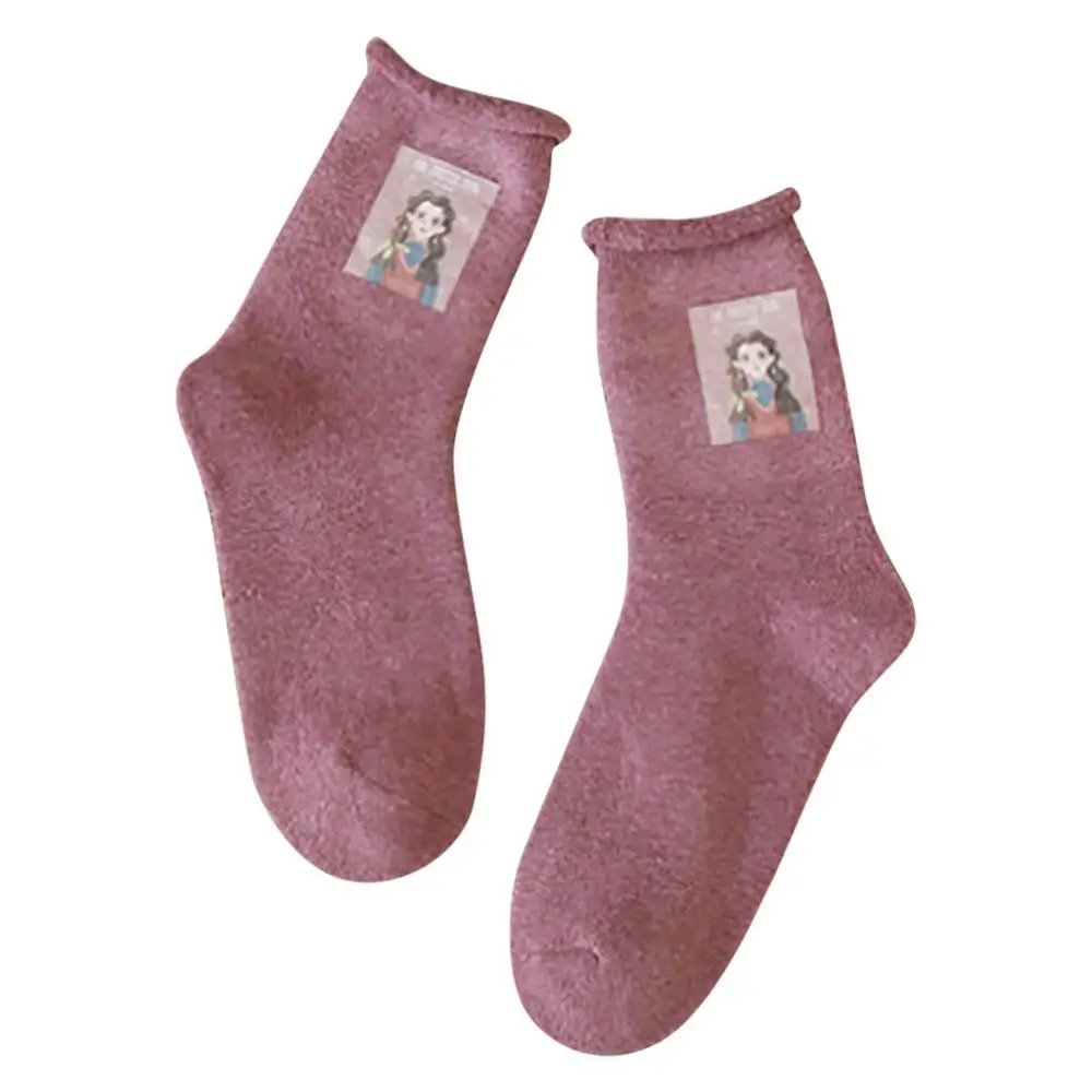 1 пара модных свернутых теплых носков женские носки с мультяшным принтом хлопковые носки#3D09