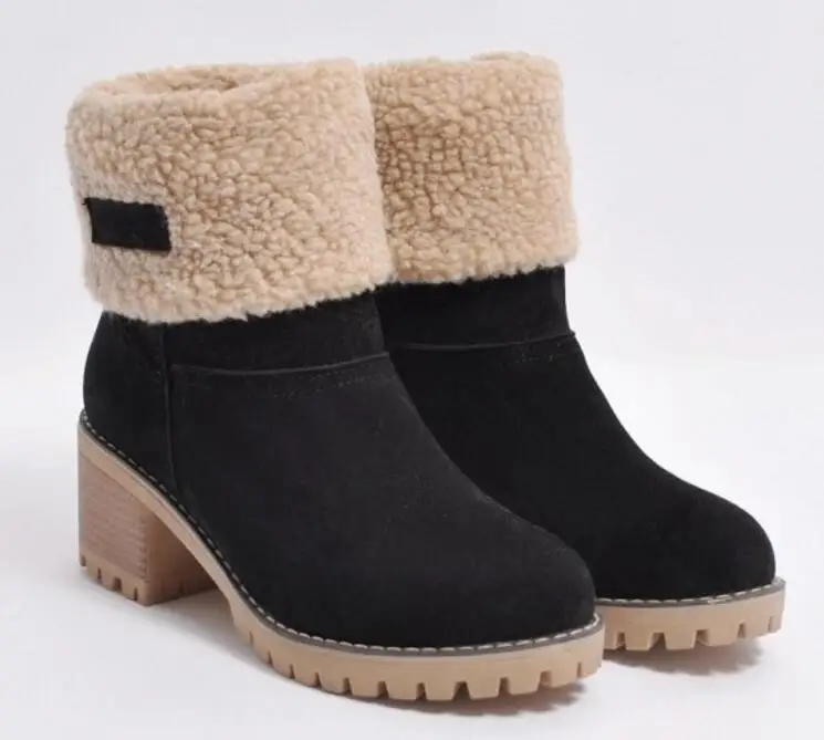 Женские зимние ботинки на высоком квадратном каблуке; chaussure; теплая женская обувь на меху; zapatos mujer sapato; ботинки до середины икры; XZ180051 - Цвет: black