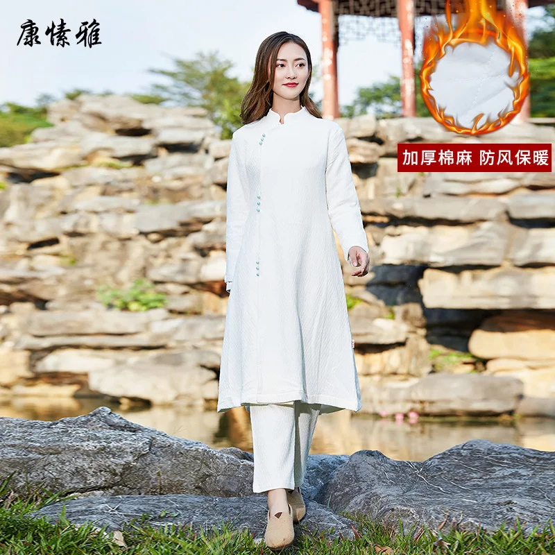 

Women Linen Tai Chi Meditation Uniforms Winter Thick Fleece Warm Yoga Shirt+pant Casual Exercise Martial Arts Set Activewear