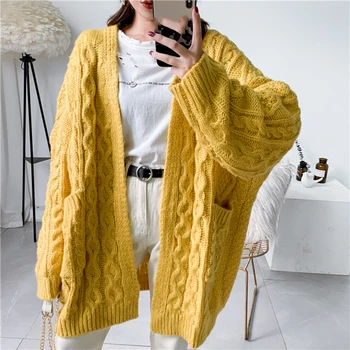 

[DEAT] Pocket Solid Color Knitting Cardigan Sweater Loose Fit V-Neck Long Sleeve Women New Fashion Autumn Winter 2020 13E393