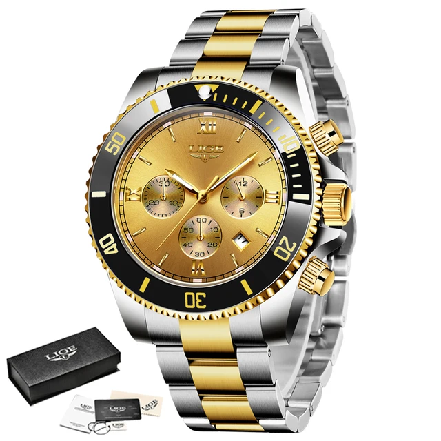 lige мужские часы топ бренд класса люкс хронограф золото нержавеющая фотография
