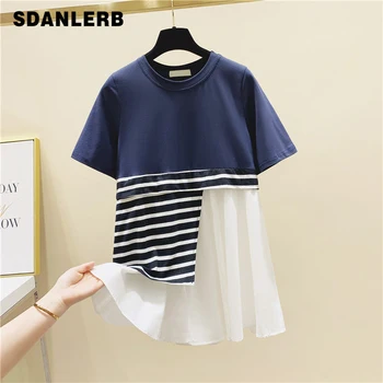 

Striped Irregular Splicing Short-Sleeved T-shirt Female 2020 Summer Top Loose T-shirt Girls Students T Shirts Tees Tops Women