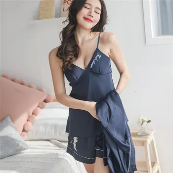 

Ice Silk pajamas female crane embroidery suspender shorts chest pad small chest gathered deep V silk home clothes