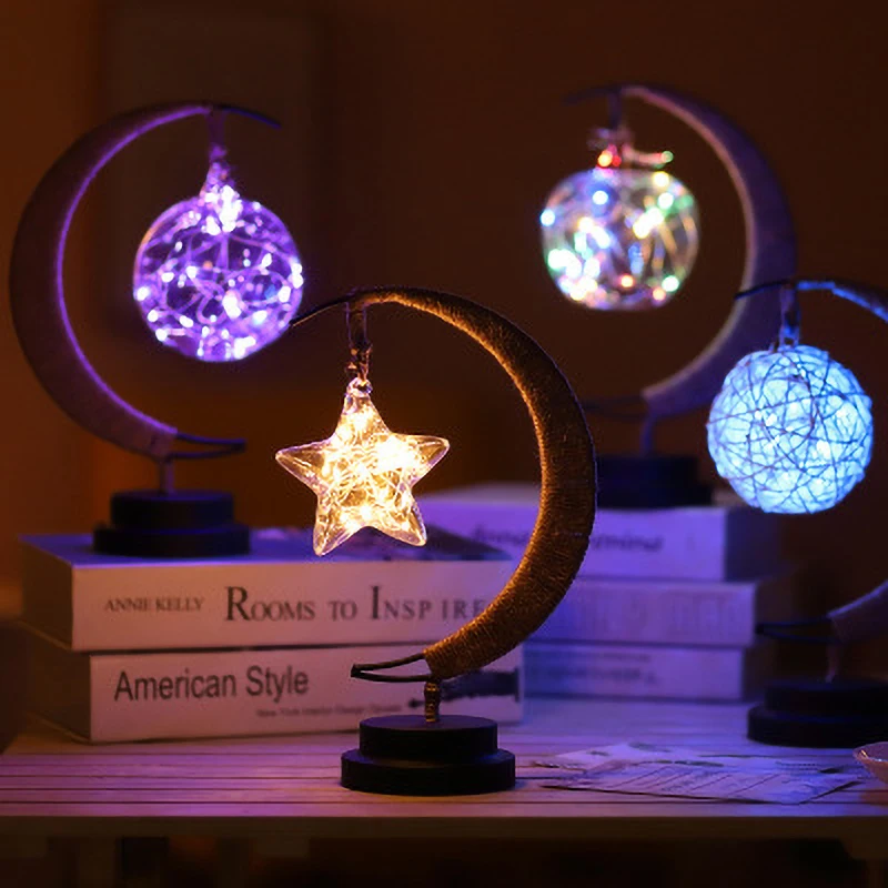 Luzes de Natal Lâmpada Estrelas Rattan Bola Crianças Presente Aniversário Artesanal Corda Cânhamo Usb Ferro Forjado Noite Led Lua Luz 3 Luzes noturnas