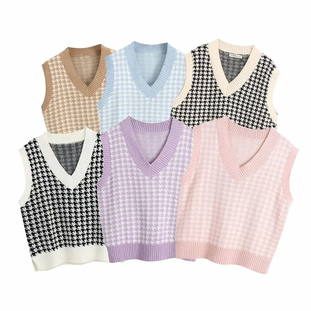 Black White Plaid Sweater Vest Women Fashion Knitted Pullovers Loose Vintage Female Waistcoat Chic Tops 6 Colors | Женская одежда
