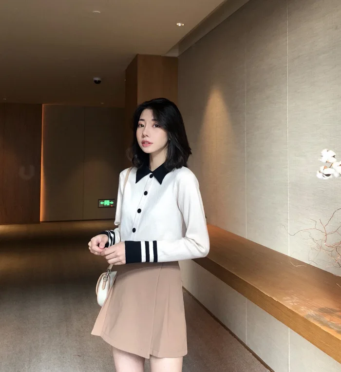 Autumn/winter Sweaters Stripe Long Sleeve Knit Cardigan Casual White Black Khaki Slim Sweater Women's Sweater Bottom Top Female