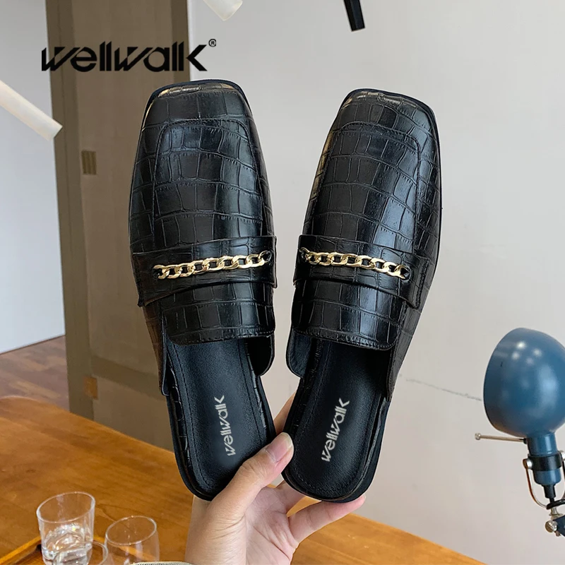 

Croc Mule Slippers Women Low Heels Shoes Square Toe Luxury Brand Designer Shoe Woman Fashion Slides Female Slip On Casual Loafer