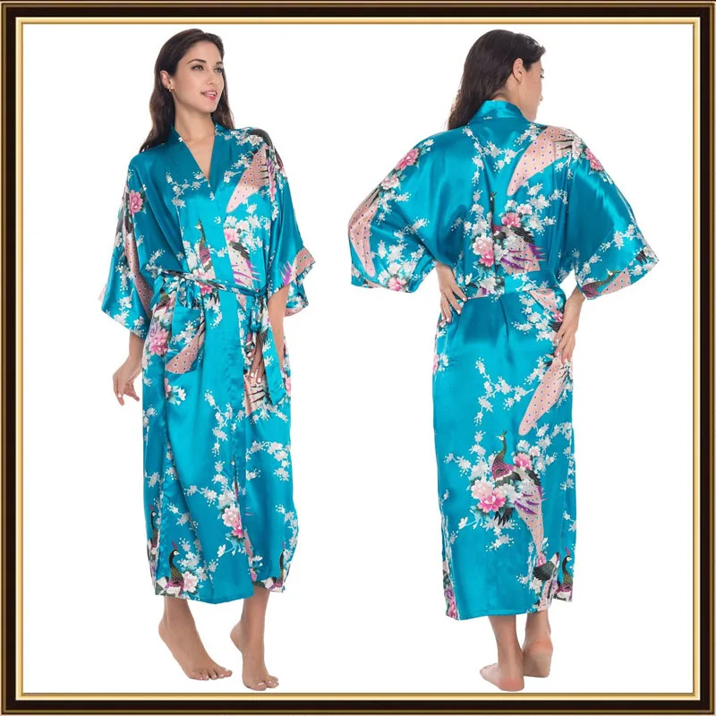 Half Sleeve Loose Style Woman Japanese Kimono Satin Silk Sleepwear Pajamas Peacock Spa Yukata Bathing Robe Lady's Long Dress