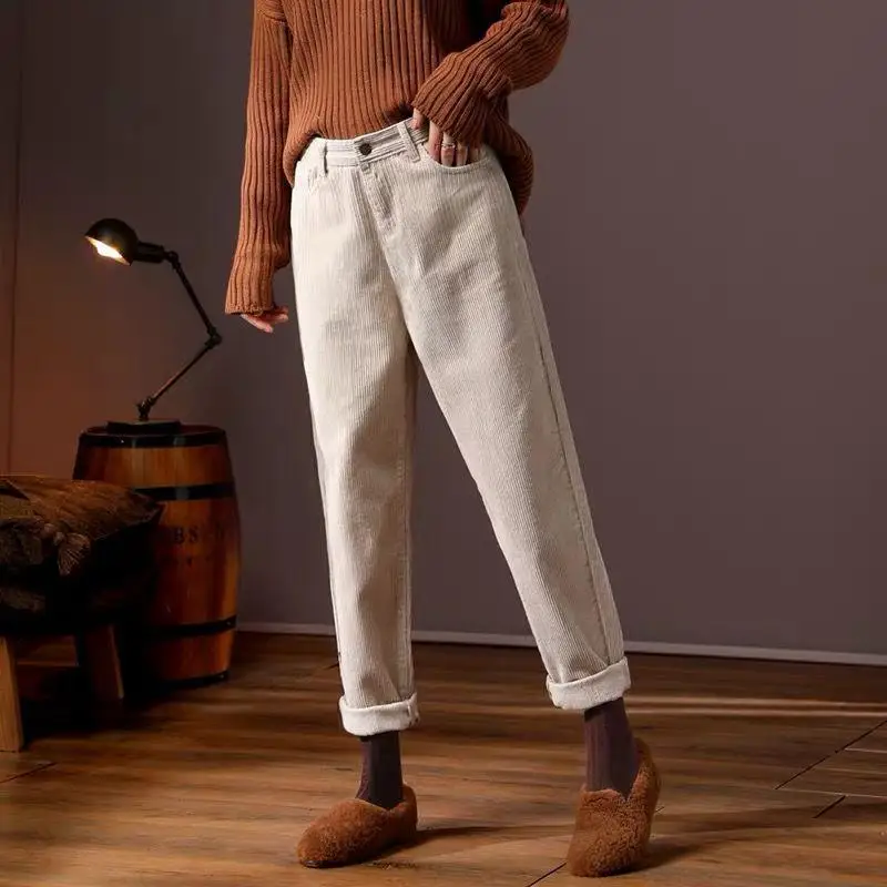 Осенне-зимние новые корейские модные женские шаровары с высокой талией свободные вельветовые брюки больших размеров универсальные повседневные брюки D470 - Цвет: Beige