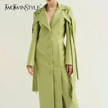 TWOTWINSTYLE, Женское пальто из искусственной кожи на шнуровке, пальто с воротником с лацканами и длинным рукавом, Женское пальто большого размера, Осень-зима, модная OL Новинка