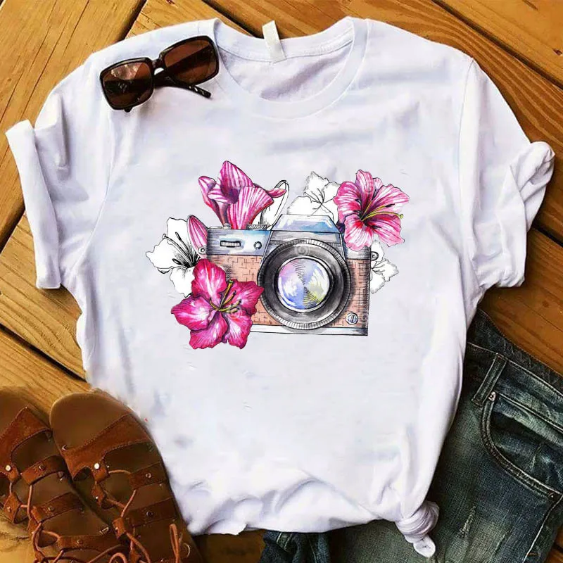 Женская футболка с графической камерой и цветами, винтажная модная летняя Милая футболка с принтом, женская футболка, женская одежда, футболка - Цвет: GJS18864