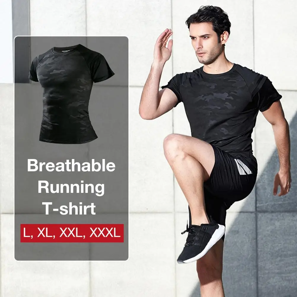 Мужская быстросохнущая Спортивная футболка для бега с коротким рукавом для фитнеса, черные камуфляжные спортивные топы из холодной ткани, мужская летняя футболка