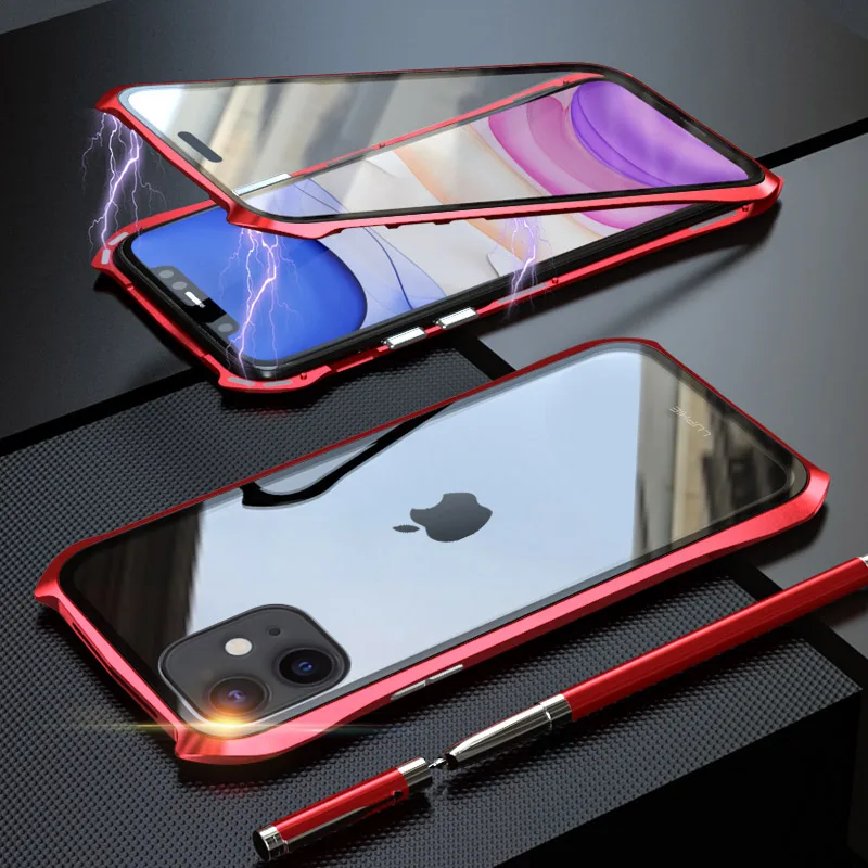 Передний и задний Магнитный стеклянный чехол для Apple iPhone 11 Pro чехол 360 металлический бампер полный корпус чехол для etui iPhone 11 Pro Max чехол - Цвет: Full Red