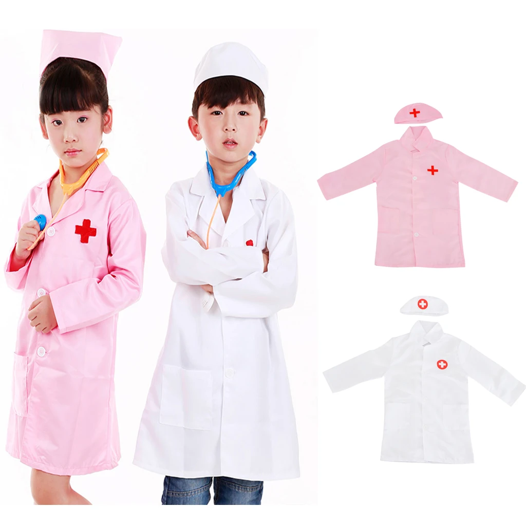 Kids Boys Girls Doctor Surgeon Cosplay Dress up Coat w/Cap Nurse Play Outfit