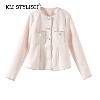 

2019 Autumn winter Fashion Women Long-sleeve Coat Solid Pearl Button Woolen Jacket Female O-neck Slim Outwear