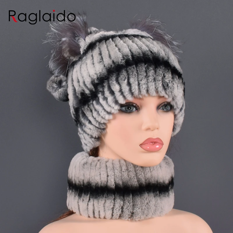 

Natural fur for winter women's Hat Scarf Sets New Arrivals fashion style Hat Scarf Sets real fur pompom for lady caps rabbit fur