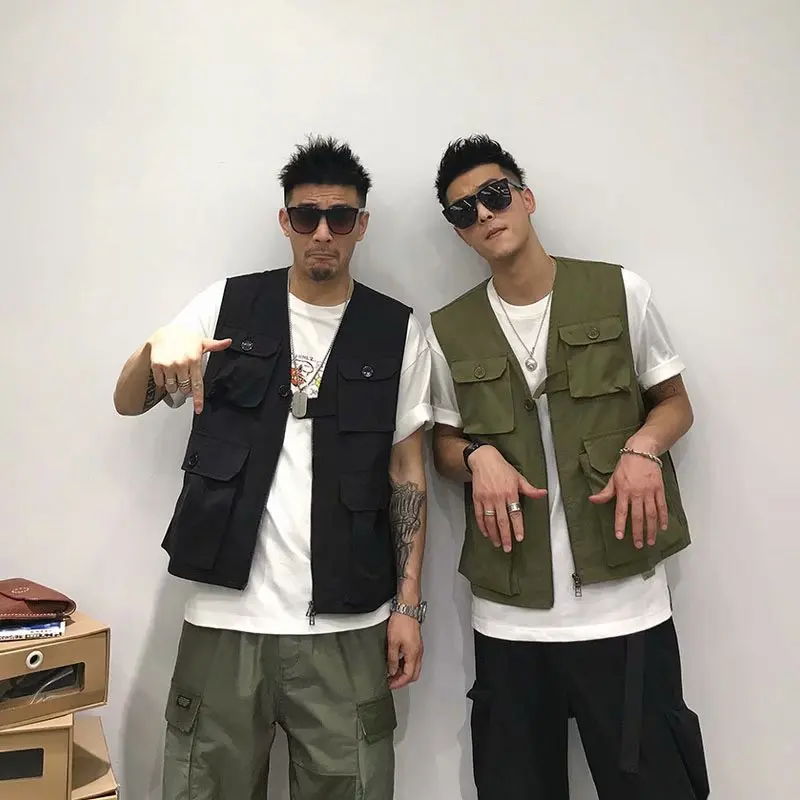 Americano Original herramientas casuales de los hombres camiseta sin mangas de color liso urbana funcional viento retro salvaje chaqueta simple chaleco tendencia