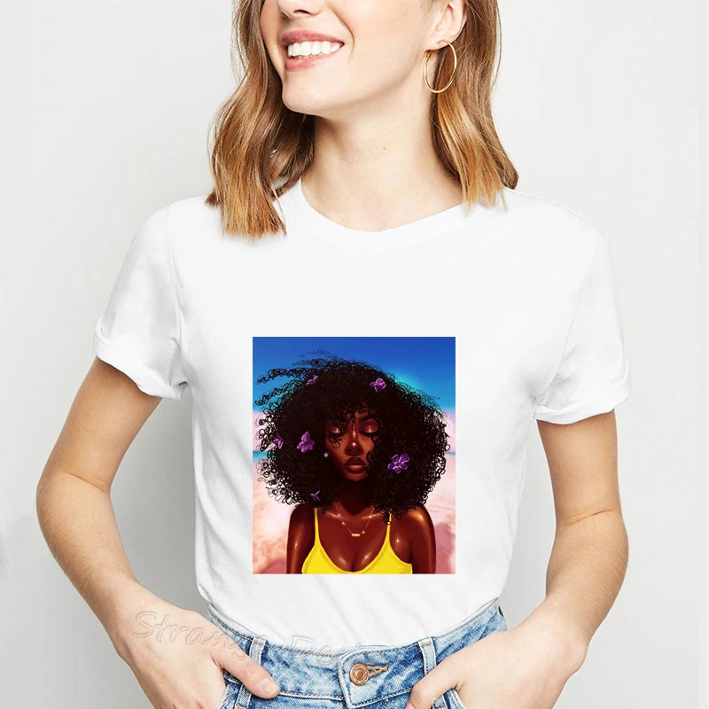 Melanin Poppin, женская футболка, черная, африканская, кудрявая, для девушек, с принтом, футболка для женщин, Harajuku, Vogue, афро история, футболка, женская