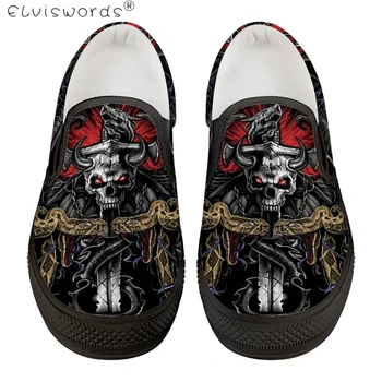 

ElVISWORDS Casual Shoes Men Vintage Black Loafers Punk Rose Skull Printed Slip On Shoes Summer Autumn Breathable Flats For Teen