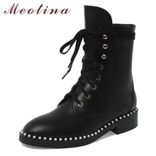 Meotina Winter Ankle Boots Women Natural Genuine Leather Thick Heel Short Boots Lace Up Round Toe Shoes Female Autumn Size 34-39