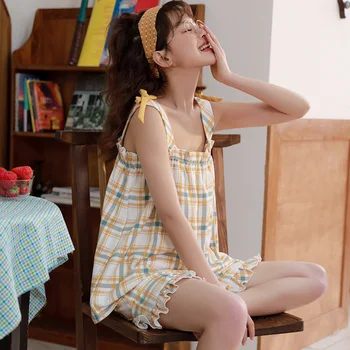 

2020 Pajamas Women's Summer Short-sleeved Shorts Suit Korean Sweet Girl Knitted Cotton Ladies' Home Service