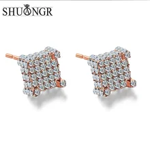 SHUANGR, роскошные серьги-гвоздики с кристаллами из горного хрусталя, серебряные, золотые, цветные, с квадратным покрытием, серьги для женщин и мужчин, ювелирные изделия в стиле хип-хоп