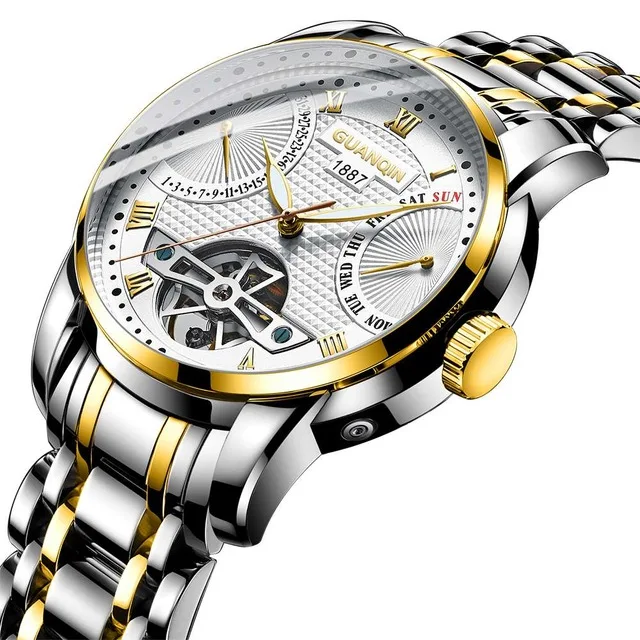 GUANQIN Мужские часы Мужские механические часы Лидирующий бренд Роскошные автоматические часы мужские золотые наручные часы мужские Tourbillon Reloj hombres - Цвет: Gold White