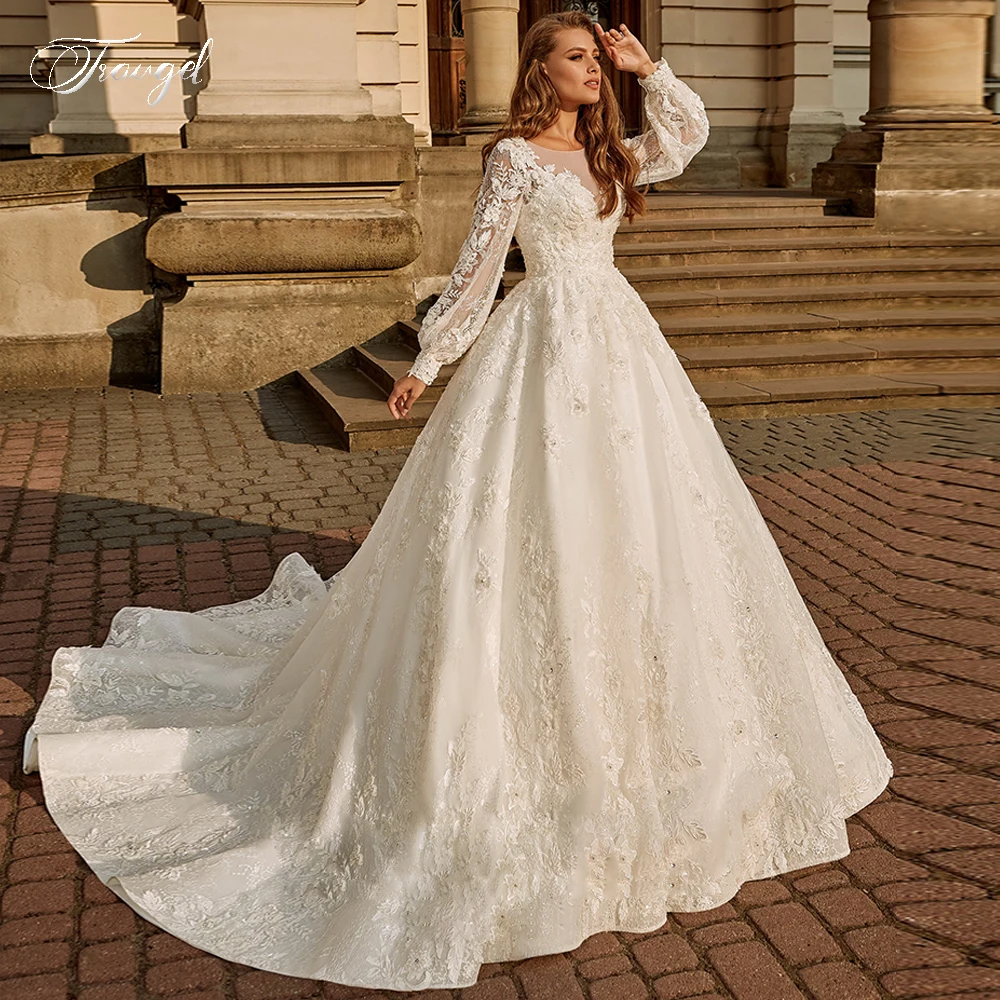Traugel Vintage Luxury Scoop A Line Lace Wedding Dresses Chic Long Lantern Sleeve Bride Dress Court Train Wedding Gown Plus Size