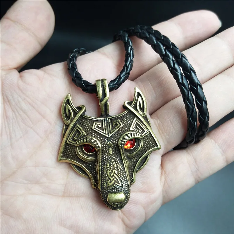 Red Leather Bronze Wiccan красный черный кристалл глаза Викинг-Волк амулет-талисман ювелирные изделия мужчины кулон ожерелье Norse Wicca Pagan ювелирные изделия дропшиппинг - Окраска металла: Red Leather Bronze