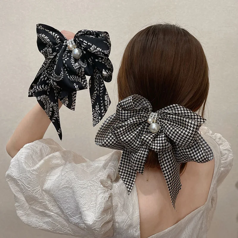 hair clips for long hair New Oversize Bowknot Pearl Barrettes Net Yarn Hairpins Women Houndstooth Hair Clips Ribbon Hair Clips Ponytail Hair Accessories hair clips for women