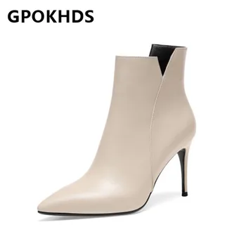 

GPOKHDS 2021 women Ankle boots Cow leather Winter short plush Pointed Toe Zipper High heels female boots size 39