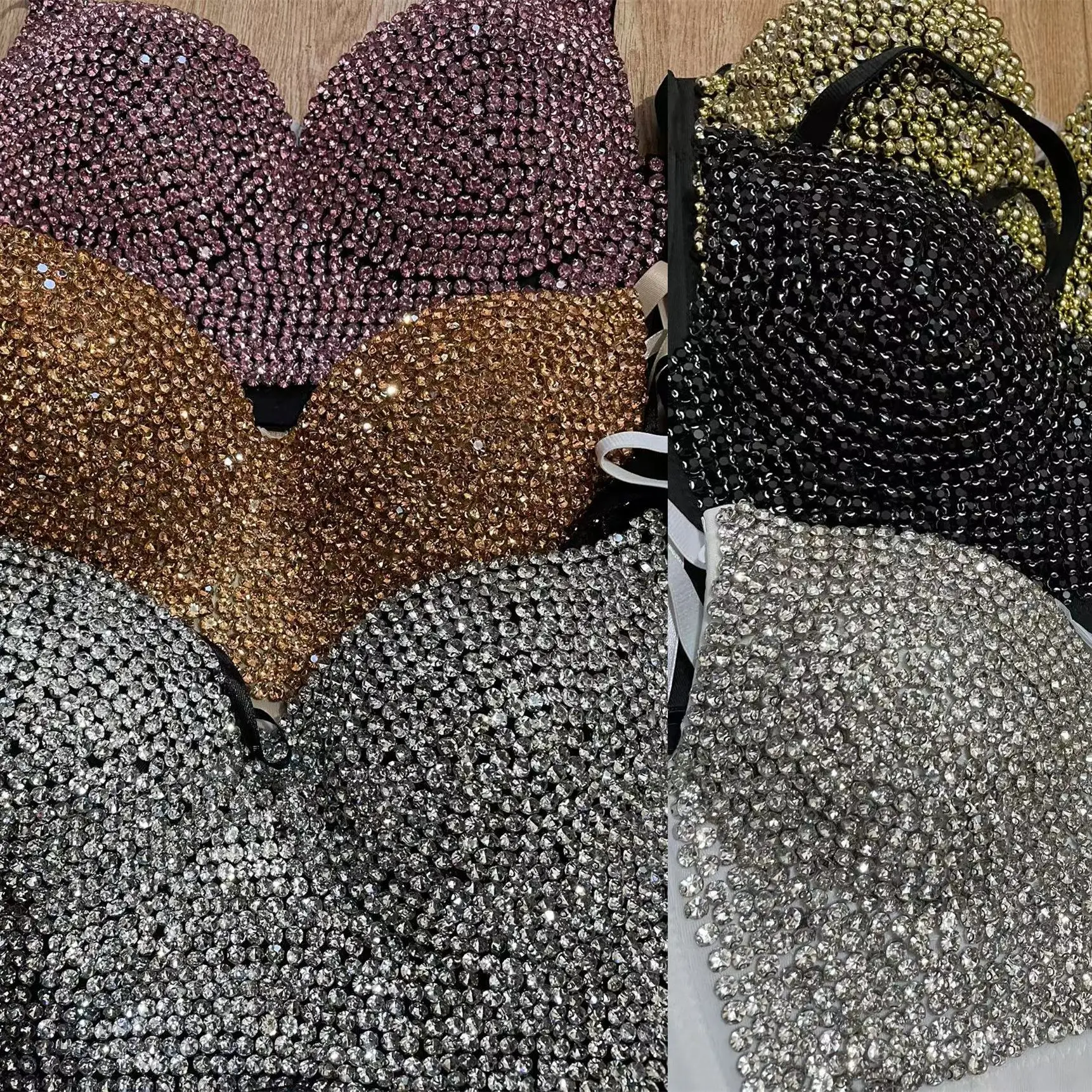 Rhinestone Bead Bustier Corset Pearls Diamond Night Club Bralette Bra  Cropped