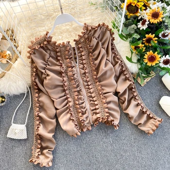 

INS Retro Palace Style Top Women's Fold-out Frilled Panel Long-Sleeve Shirt Cropped Top Girls Ladies Blouse Blusas Femme 2020