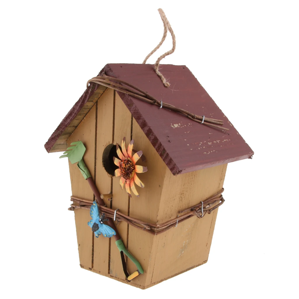 Hand-painted Wooden Birdhouse with Jute Cord Home Outdoor Garden Decoration