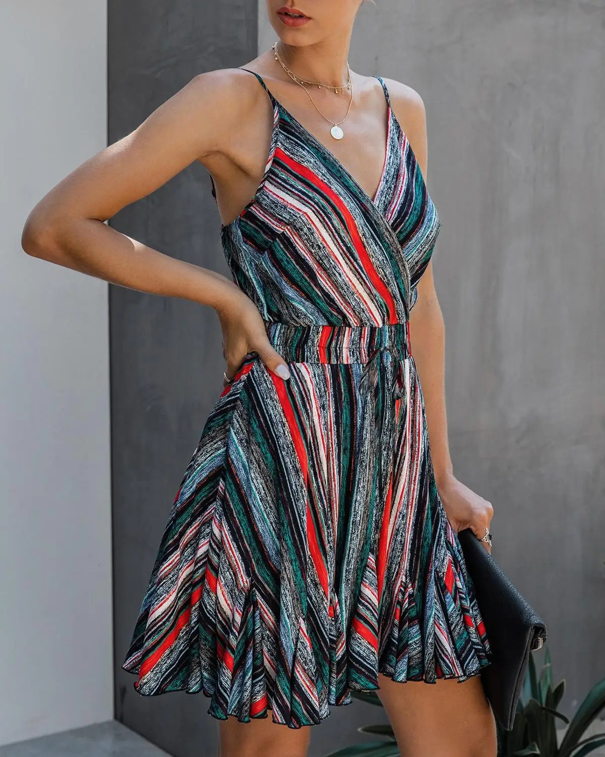

Suspender Party Dress Bohemia Beach Mini Off Shoulder V-neck Sexy Dress Print Sleeveless Backless Fashion Stripe Summer