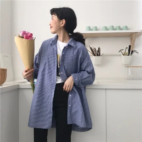 Полосатые блузки оверсайз женские рубашки с отложным воротником и длинным рукавом женские весенние Рубашки Топы Корейская одежда - Цвет: 1