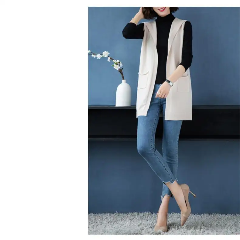 Winter Loose Sleeveless Knitted Cardigan Women Pockets Solid Vest Long Hooded Vest Plus Size Vest Sweater Coat