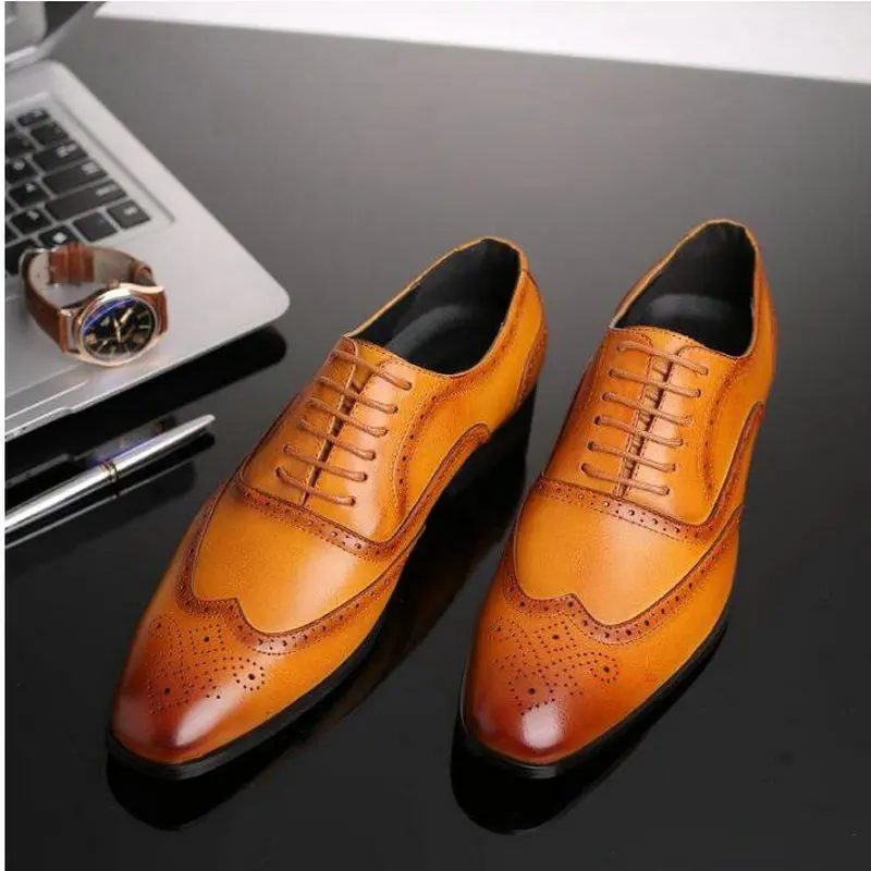 

Fashion Pointed Toe Lace Up Men's Business Casual Shoes Brown Black Leather Oxfords Shoes Mens Dress Shoes Big Size A51-98