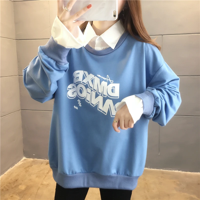 Sudaderas finas de gran tamaño con letras estampadas para mujer, Sudadera capucha falsa de dos prendas coreanas, sudaderas de manga larga para mujer 2021|Sudaderas con capucha y sudaderas| - AliExpress