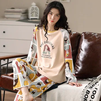 

New Spring and Autumn Pajamas Female Cotton Long-sleeved Korean Cartoon Cute Round Neck Hooded Suit Cotton Home Service