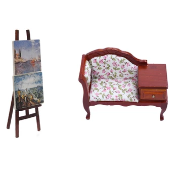 

1Pcs Dollhouse Miniature Furniture Wooden Floral Recliner with Drawer & 1Pcs 1:12 Doll House Miniature Artist Easel with 2 Paint