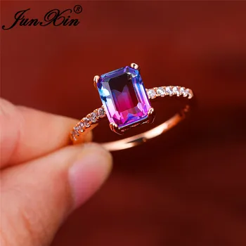 

Princess Square Rainbow Fire Crystal Stone Rings For Women Rose Gold Wedding Bands Gradient Blue Green Zircon Engagement Jewelry