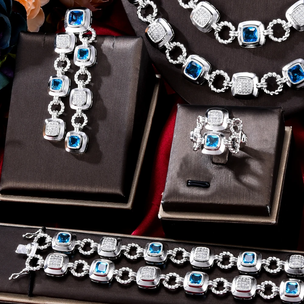 KellyBola Gorgeous Custom Geometric Chain Necklace Bracelet Ring Earring 4PCS Women's Wedding Party Boutique Zircon Jewelry Set