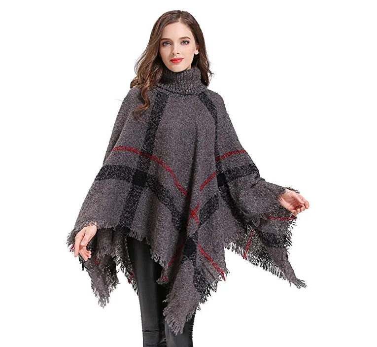 Теплая шаль для спорта на открытом воздухе, Boho, свободное пончо в клетку с кисточками, джемпер с высоким воротом, вязаный пуловер большого размера, свитер, топы для женщин
