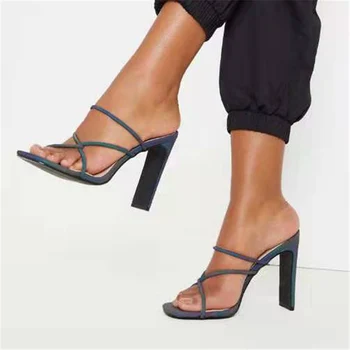 

2020 Summer Women 11.5cm High Heels Mules Slides Lady Block Heels Slippers Quality Party Sandals Platform Cross Sandles Shoes